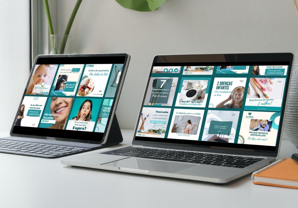 macbook e ipad com alguns exemplos de posts para dentistas